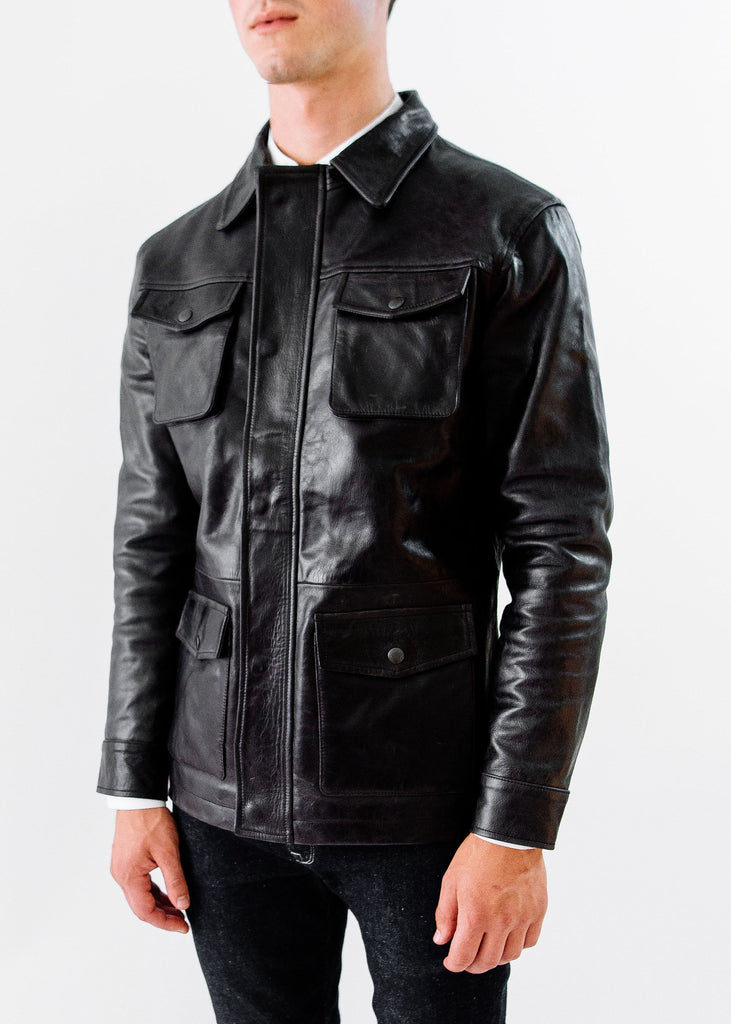 The Ruskin Leather Field Jacket in Midnight Black, Made by Hencroft