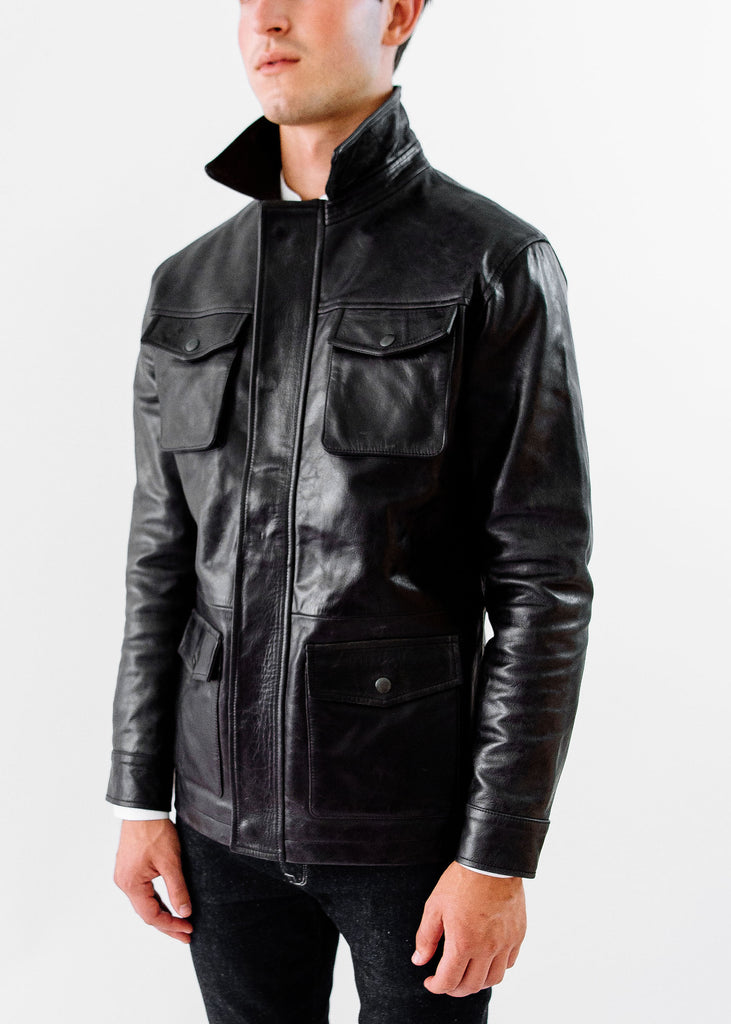 The Ruskin Leather Field Jacket in Midnight Black, Made by Hencroft