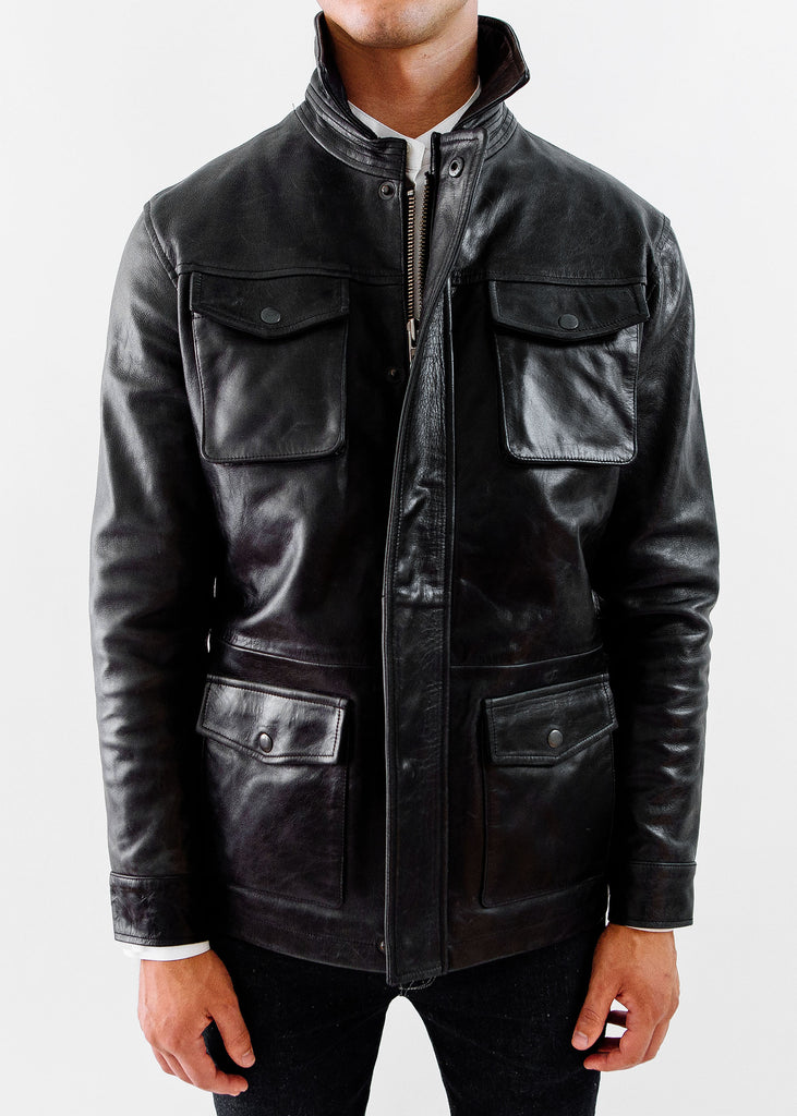 The Ruskin Leather Field Jacket in Midnight Black, Made by Hencroft