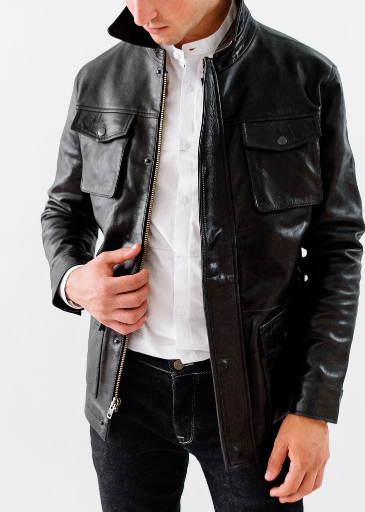 The Ruskin Leather Field Jacket in Midnight Black, Made by Hencroft