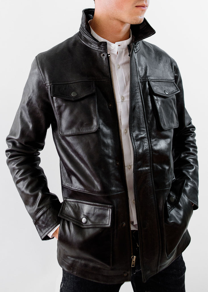 The Ruskin Leather Field Jacket in Midnight Black, Made by Hencroft