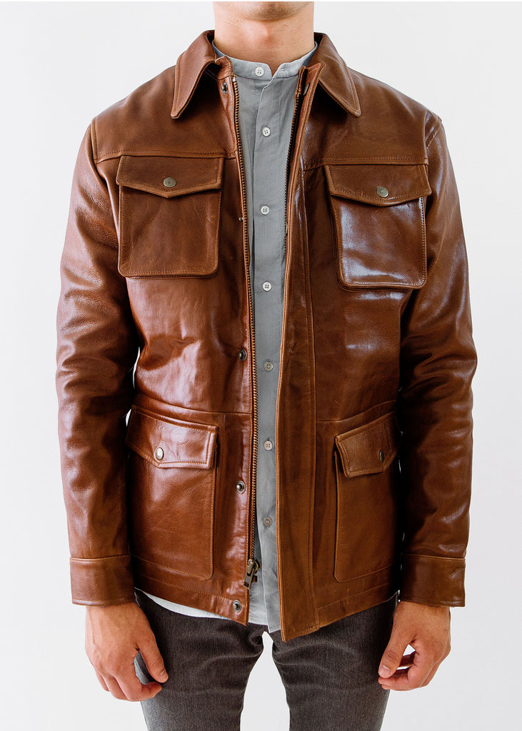 The Ruskin Leather Field Jacket in Tobacco Brown, Made by Hencroft