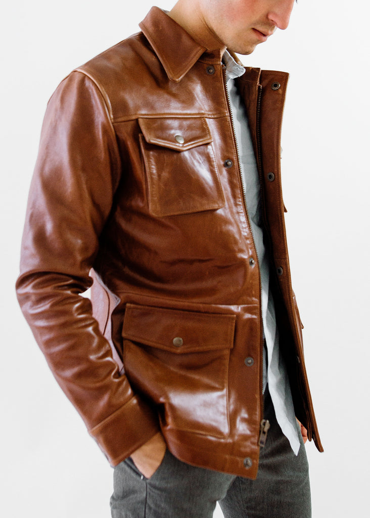 The Ruskin Leather Field Jacket in Tobacco Brown, Made by Hencroft